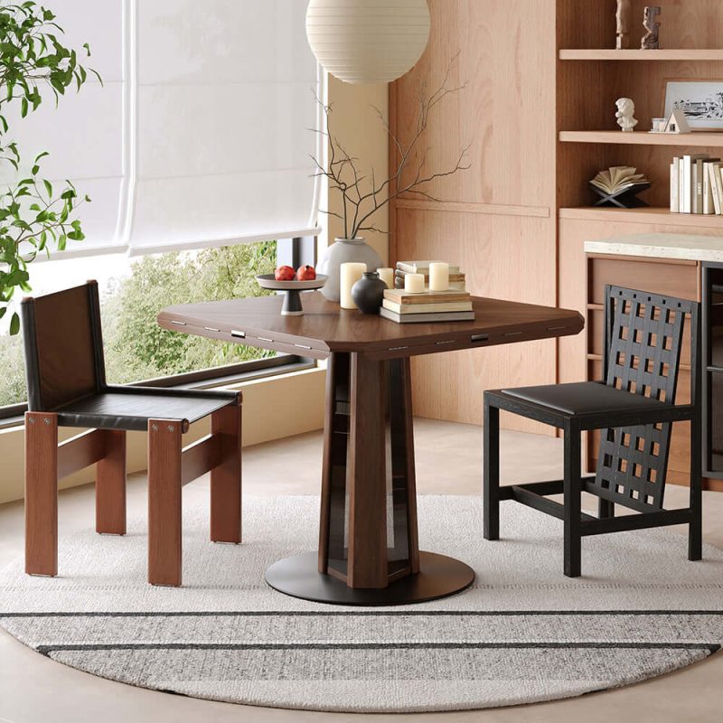 Hausfurn Nordic Style Solid Wood Fold Square Extendable Round Dining Table with LED Light