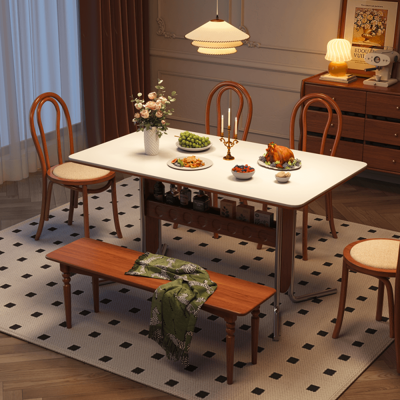 Hausfurn Vintage Dining-Desk Combo Square Slate Top Table with Storage and Stainless Steel Legs