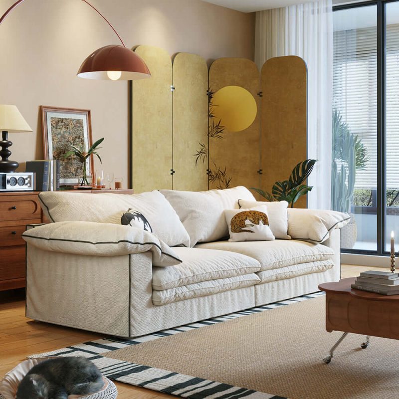 Hausfurn Beige Cotton Linen Removable Washable Fabric Sofa