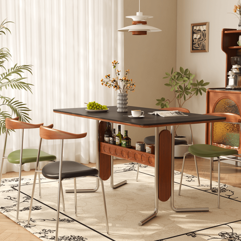 Hausfurn Vintage Dining-Desk Combo Square Slate Top Table with Storage and Stainless Steel Legs