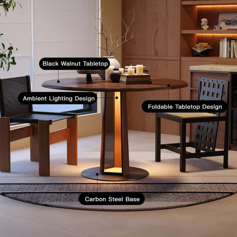 Hausfurn Nordic Style Solid Wood Fold Square Extendable Round Dining Table with LED Light