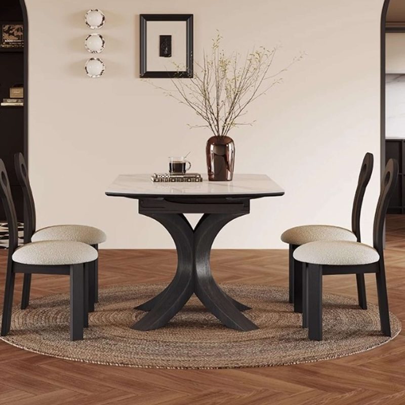 Hausfurn Luxury Sintered Stone Square to Round Convertible Telescopic Marbling Dining Table