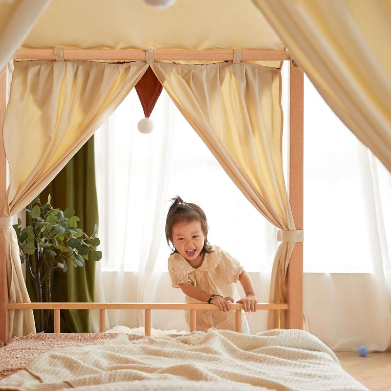 Hausfurn Extendable Solid Wood Kids Castle Bed with Canopy – Tent-Style Toddler to Twin Bed with Upholstered Headboard