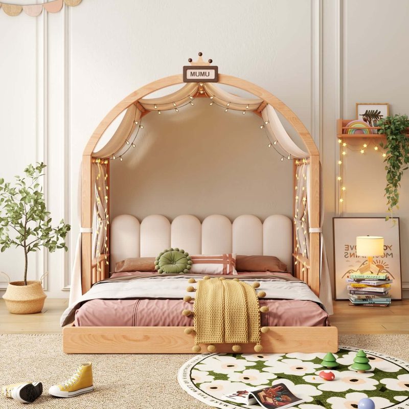 Hausfurn Extendable Solid Wood Kids Castle Bed with Canopy – Tent-Style Toddler to Twin Bed with Upholstered Headboard
