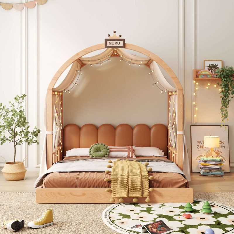 Hausfurn Extendable Solid Wood Kids Castle Bed with Canopy – Tent-Style Toddler to Twin Bed with Upholstered Headboard