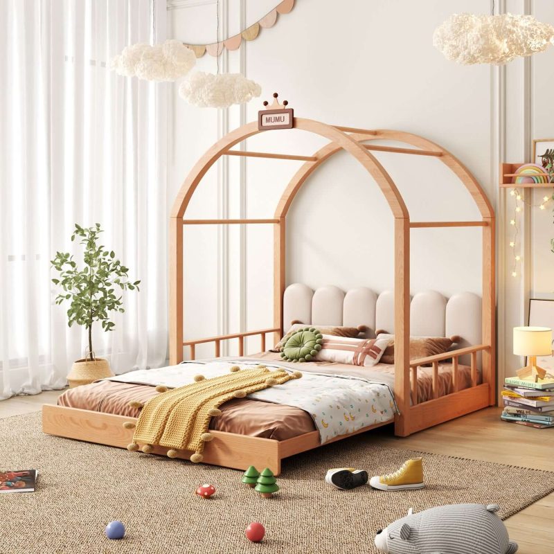 Hausfurn Extendable Solid Wood Kids Castle Bed with Canopy – Tent-Style Toddler to Twin Bed with Upholstered Headboard