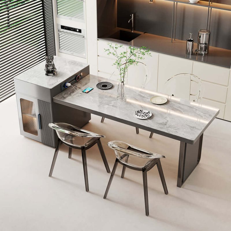 Hausfurn Slate Island Extendable Dining Table with Storage Cabinet Integrated