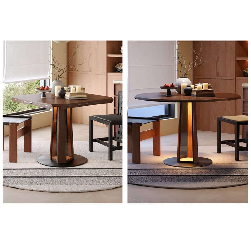 Hausfurn Nordic Style Solid Wood Fold Square Extendable Round Dining Table with LED Light