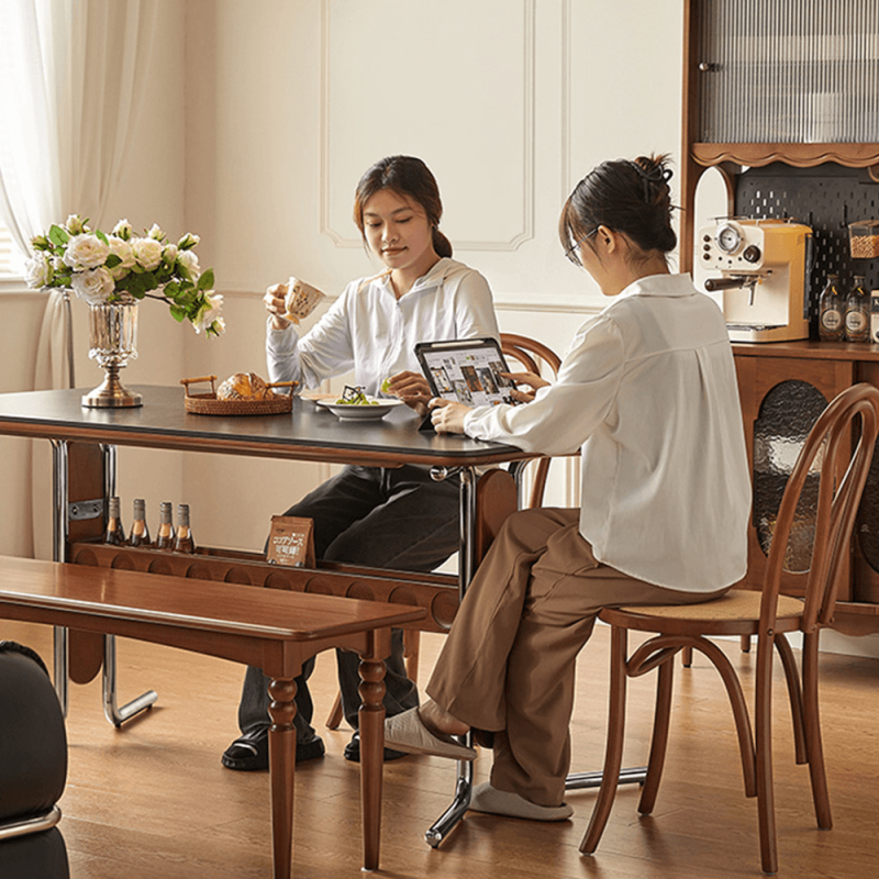 Hausfurn Vintage Dining-Desk Combo Square Slate Top Table with Storage and Stainless Steel Legs
