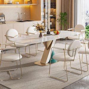 Hausfurn Modern White Rectangular Dining Table for 6 Person with Sintered Stone Top