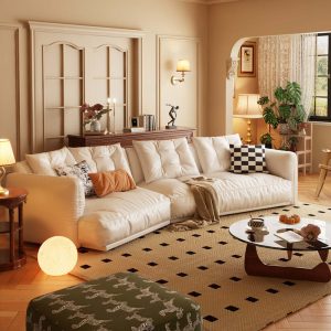 Hausfurn Leather Curved Couch French Vintage Luxury Corner Sofa