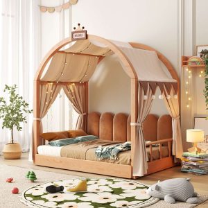 Hausfurn Extendable Solid Wood Kids Castle Bed with Canopy – Tent-Style Toddler to Twin Bed with Upholstered Headboard