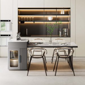 Hausfurn Slate Island Extendable Dining Table with Storage Cabinet Integrated